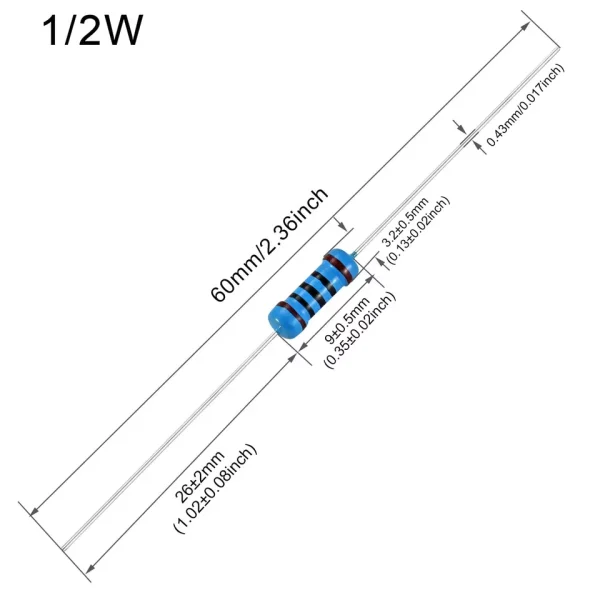 100Pcs 1-2W(0.5Watt) Metal Film Resistors Kit ±1% 1Ω-10M Ohm 134 Values Option 2